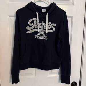 Paris France Embroidered Hooded Cropped Sweatshirt - Navy